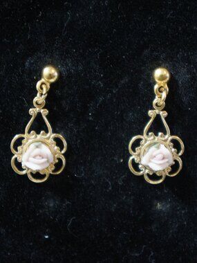 Vintage 1928 Jewelry Pink Porcelain Rose Drop Earrings Gold Tone Filigree